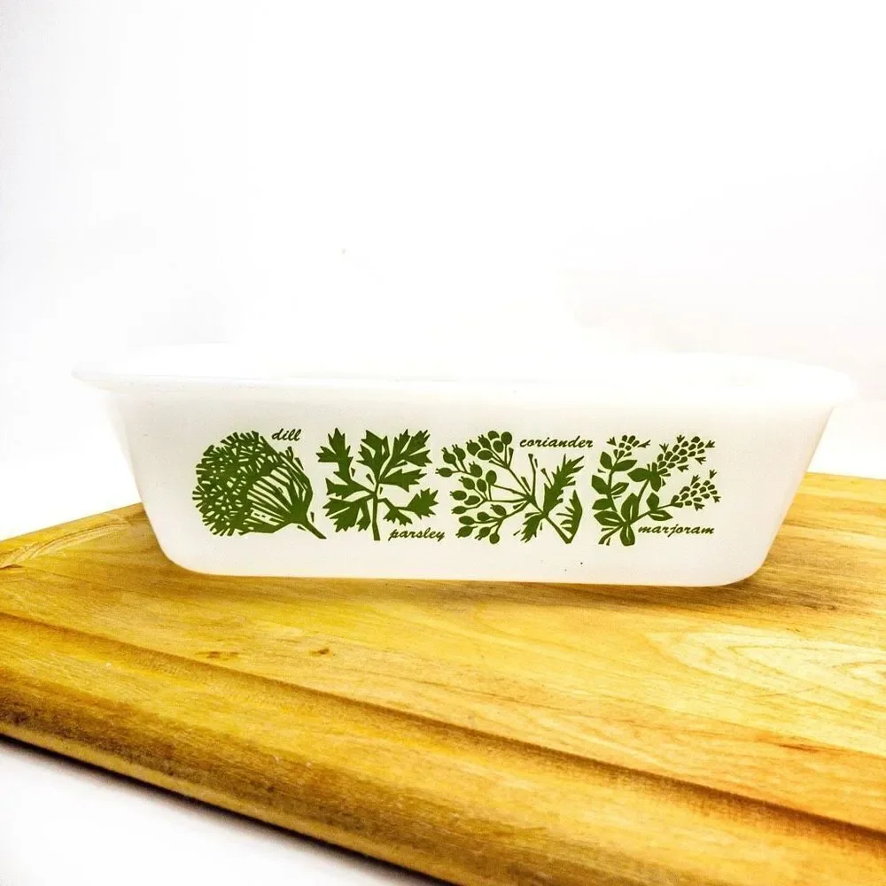 1960’s VTG Glasbake J522 1.5 Quart Milk Glass Loaf Pan Green Herb Pattern